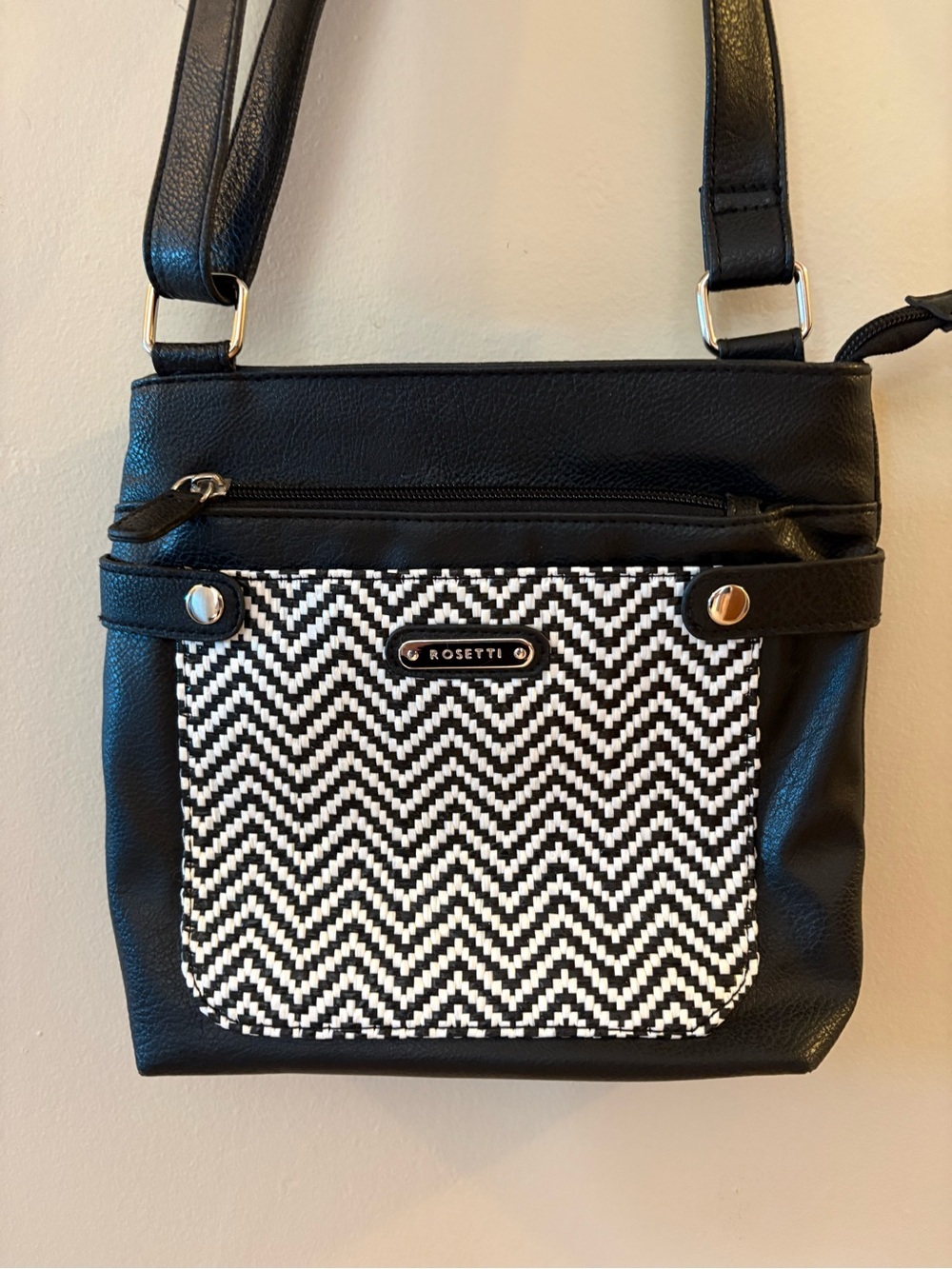 Rosetti Smaller Black Vegan Crossbody Purse Chevron Pattern Pocket.